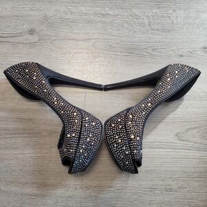 Bakers Y2K Showstopper Black Rhinestone Platform Peep Toe Stiletto Pumps size 8